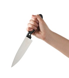 Woman holding knife on white background, closeup