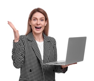 Photo of Beautiful excited businesswoman with laptop on white background