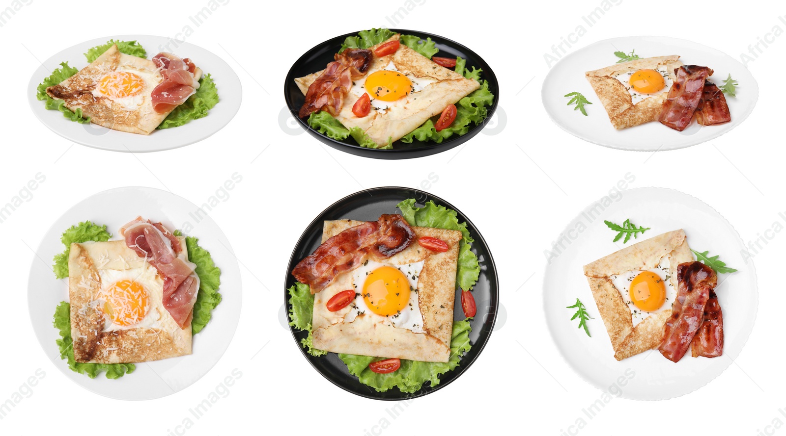 Image of Set with delicious crepes with eggs on white background. Breton galette. Banner design