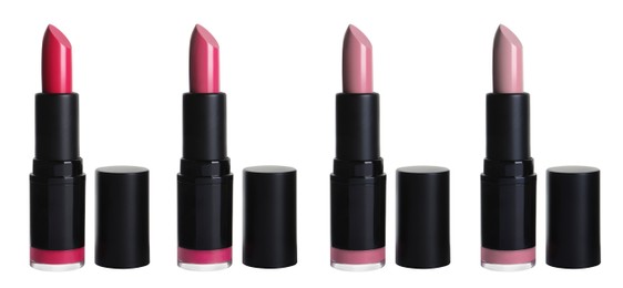 Set with different beautiful lipsticks on white background