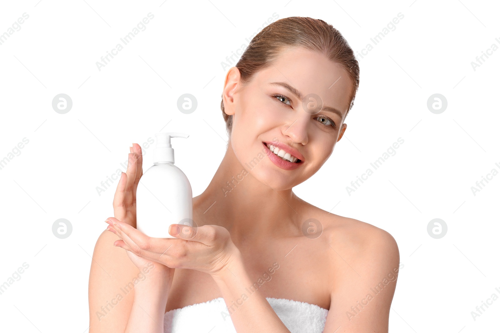 Photo of Young woman with bottle of hand cream on white background