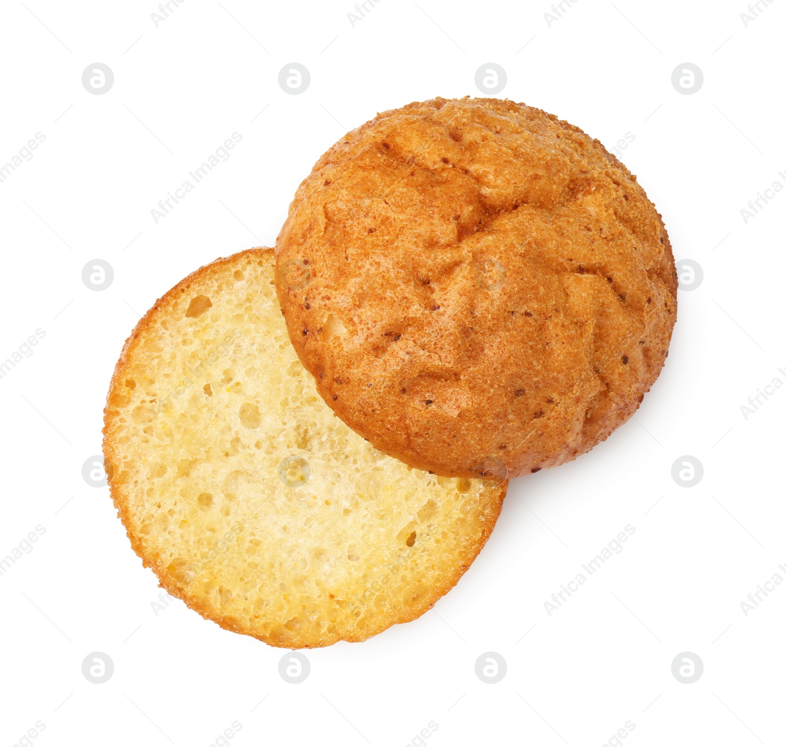 Photo of Halves of grilled burger bun isolated on white, top view