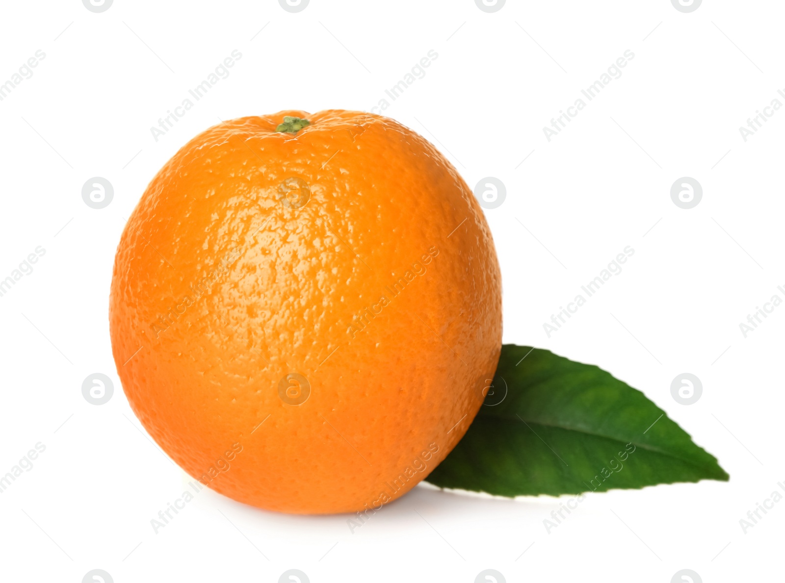 Photo of Fresh ripe orange with green leaf isolated on white