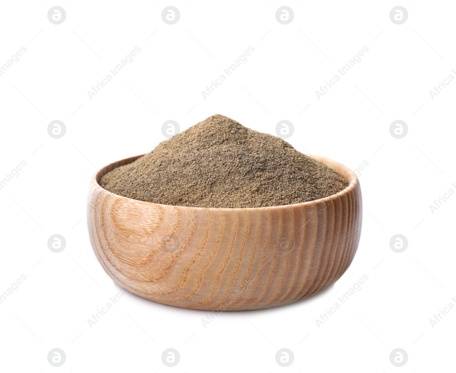 Photo of Milled pepper in wooden bowl isolated on white