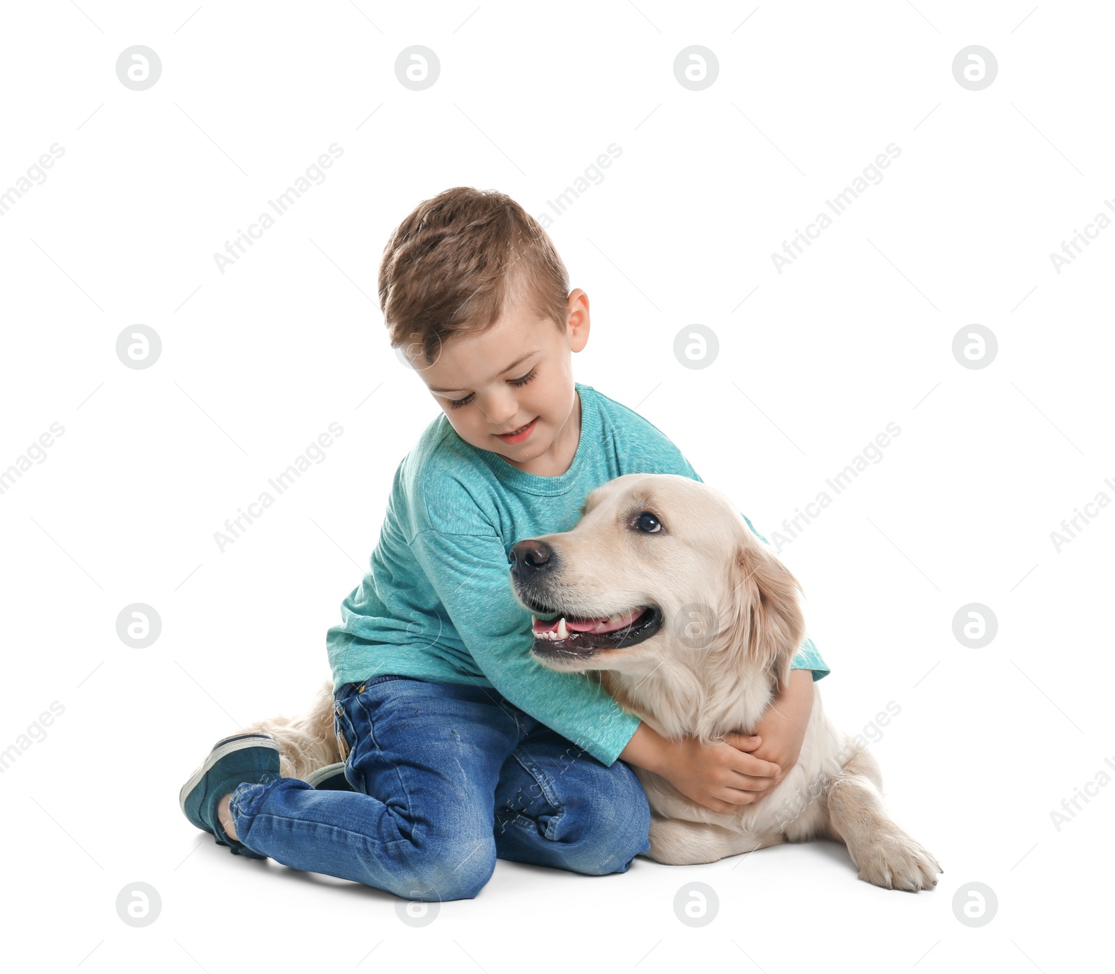 Photo of Cute little child with his pet on white background