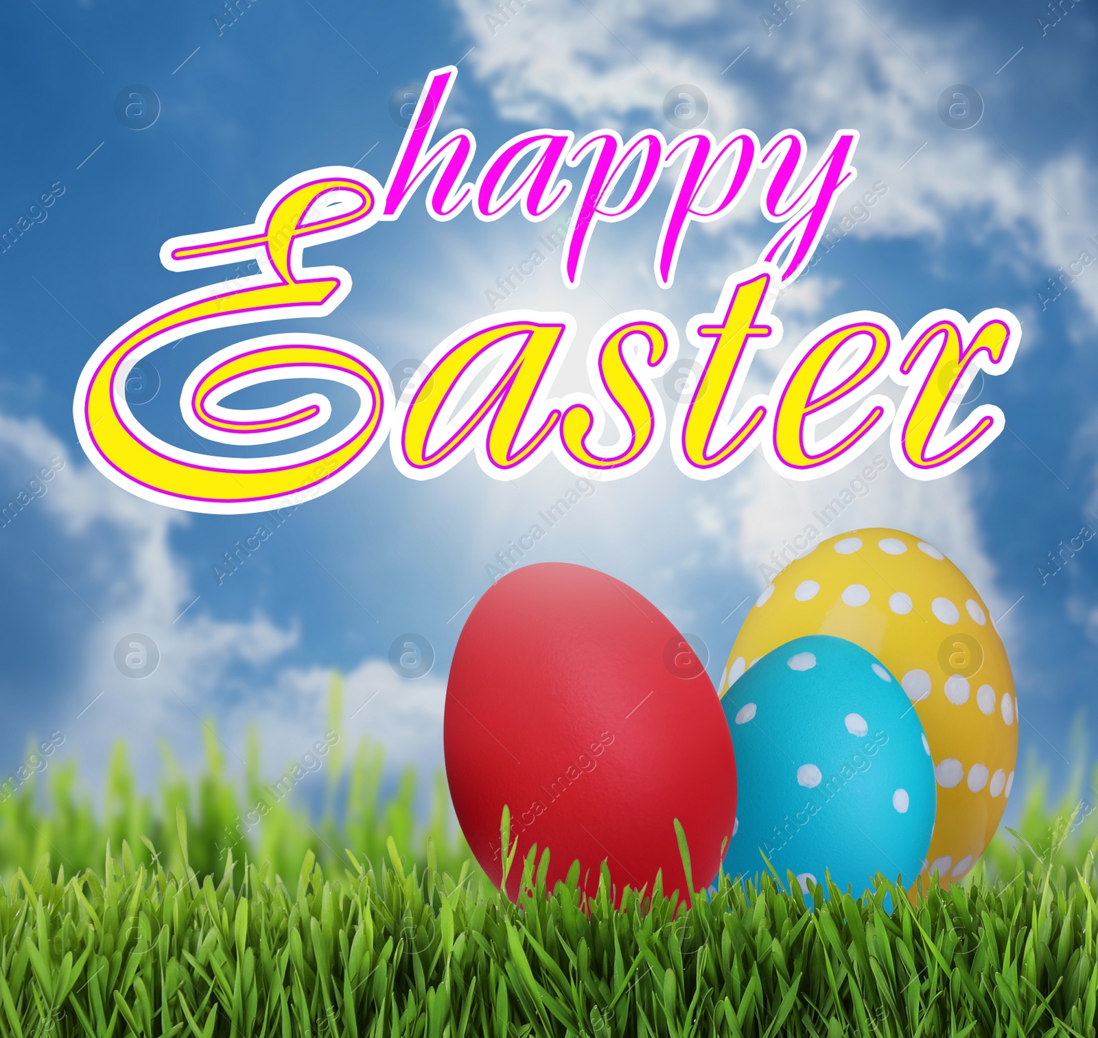 Image of Happy Easter. Bright eggs on green grass outdoors 