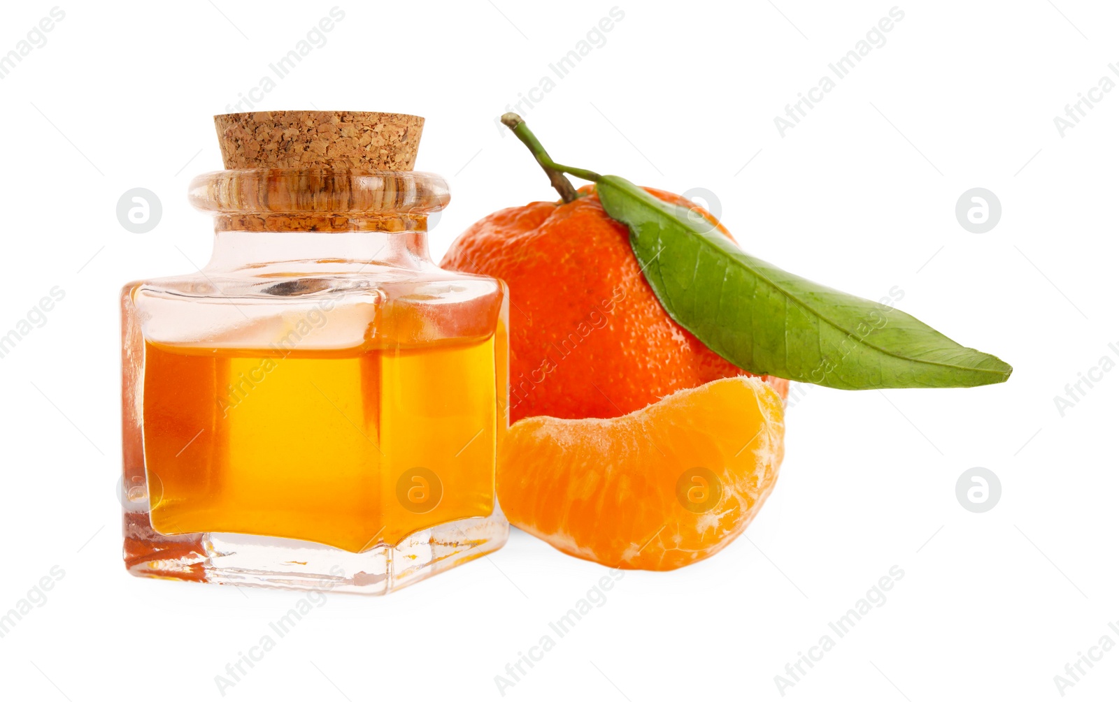 Photo of Aromatic tangerine essential oil in bottle and citrus fruit isolated on white