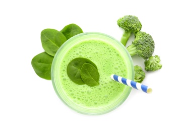 Photo of Glass with healthy detox smoothie and ingredients on white background, top view