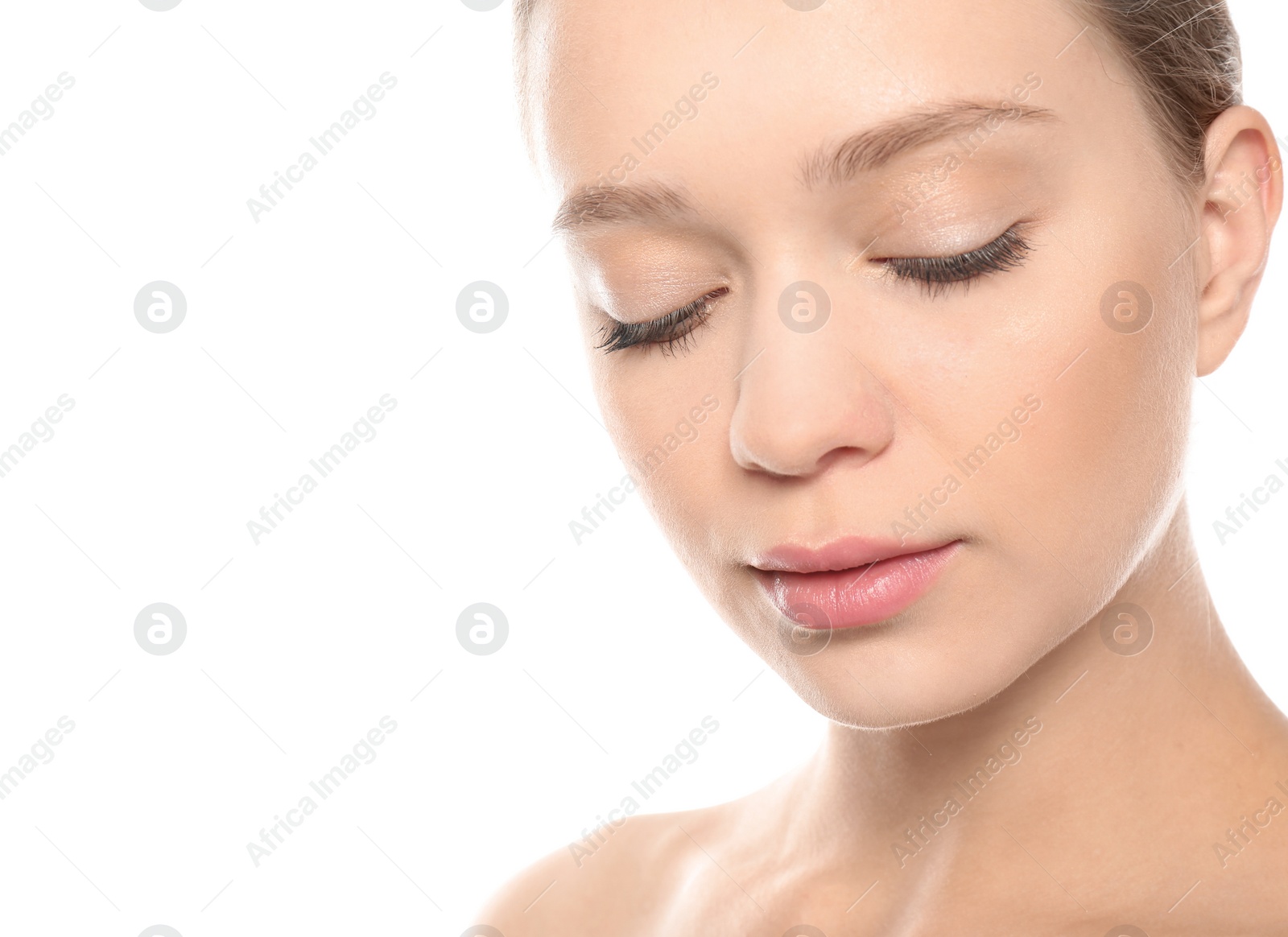 Photo of Portrait of beautiful young woman on white background. Lips contouring, skin care and cosmetic surgery concept