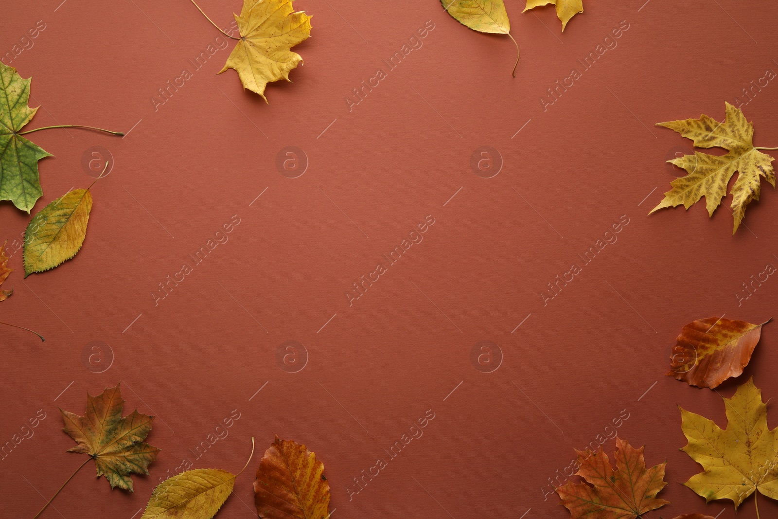 Photo of Dry autumn leaves on brown background, flat lay. Space for text