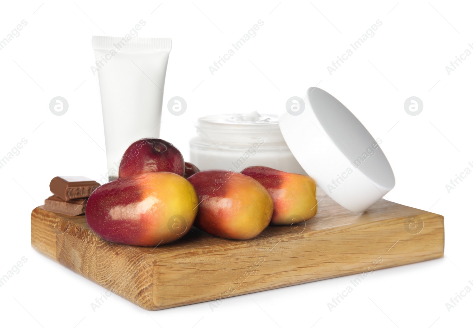 Image of Fresh ripe palm oil fruits, chocolate and cosmetic products on white background