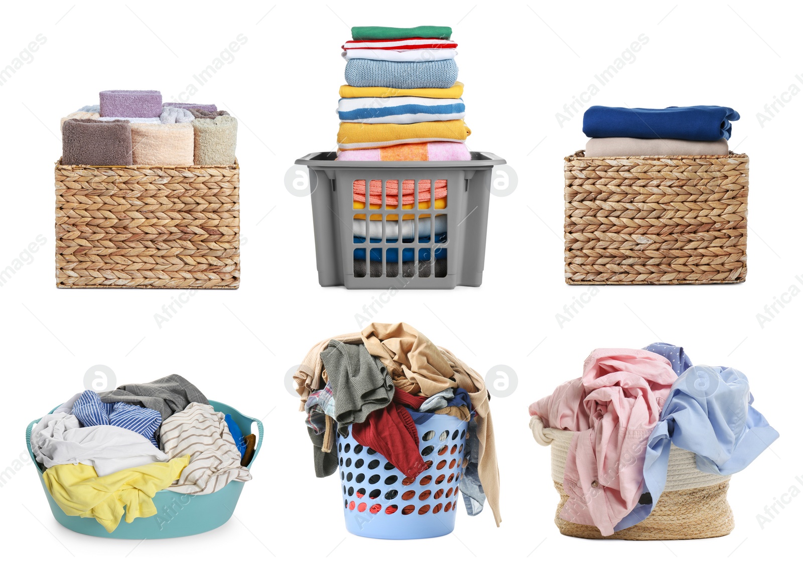 Image of Set with different laundry baskets full of clothes and towels on white background