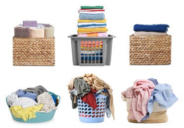 Image of Set with different laundry baskets full of clothes and towels on white background