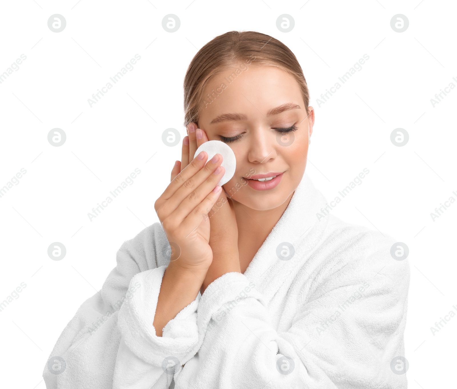 Photo of Beautiful young woman with cotton pad on white background