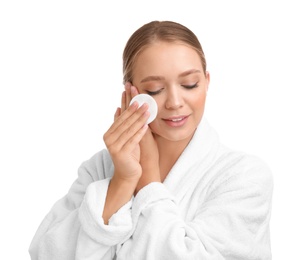 Photo of Beautiful young woman with cotton pad on white background