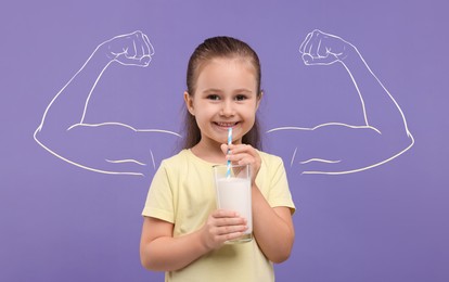 Image of Cute little girl holding glass with milk and illustration of muscular arms behind her on violet background