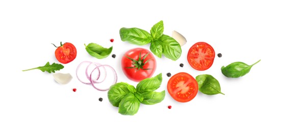 Image of Fresh ripe tomatoes with garlic, onion, basil, arugula and peppercorns on white background, top view. Banner design