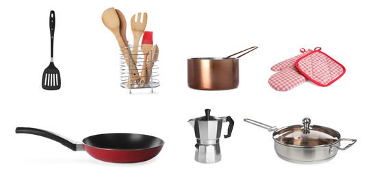 Set with pans, cookware and kitchen utensils on white background