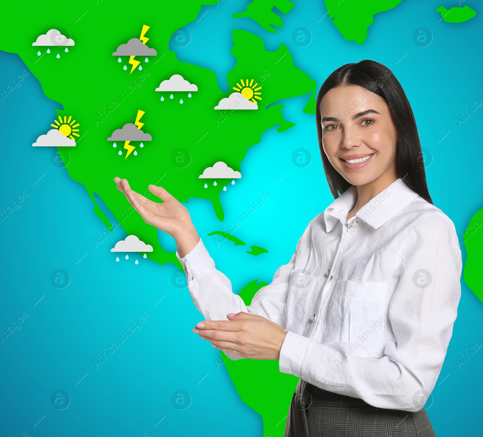 Image of Beautiful woman near virtual screen with map that demonstrating weather forecast in different regions