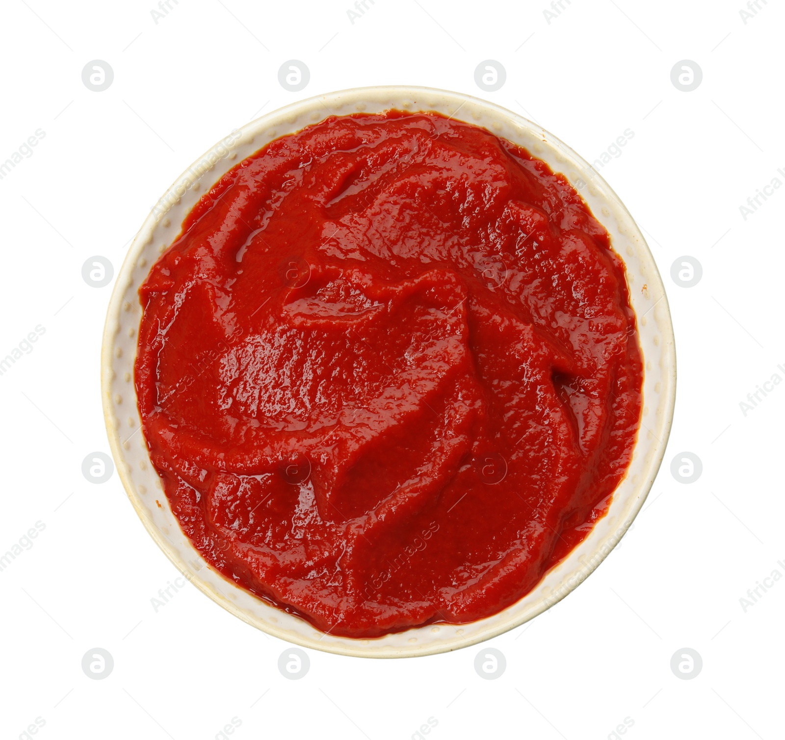 Photo of Tasty homemade tomato sauce in bowl on white background, top view