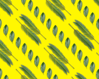 Pattern of palm and citrus leaves on yellow background