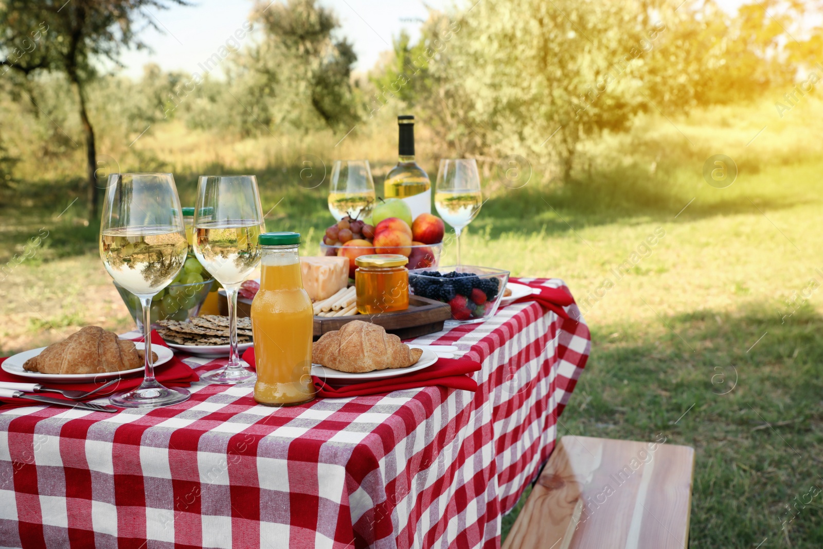 Photo of Picnic table with different tasty snacks and wine