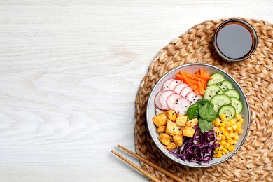 Photo of Delicious salad with chicken, vegetables and spinach on white wooden table, flat lay. Space for text