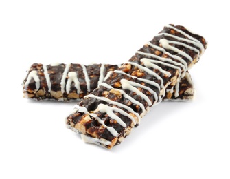 Photo of Grain cereal bars with chocolate on white background