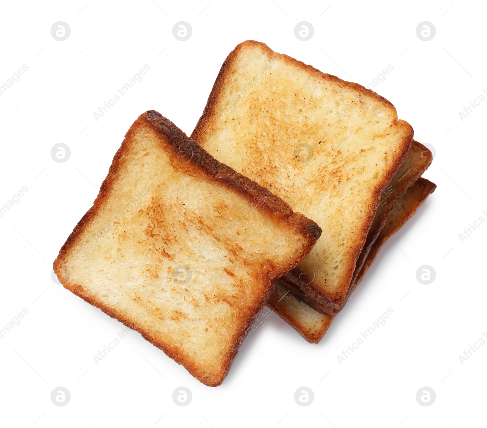 Photo of Pieces of fresh toast bread isolated on white, top view