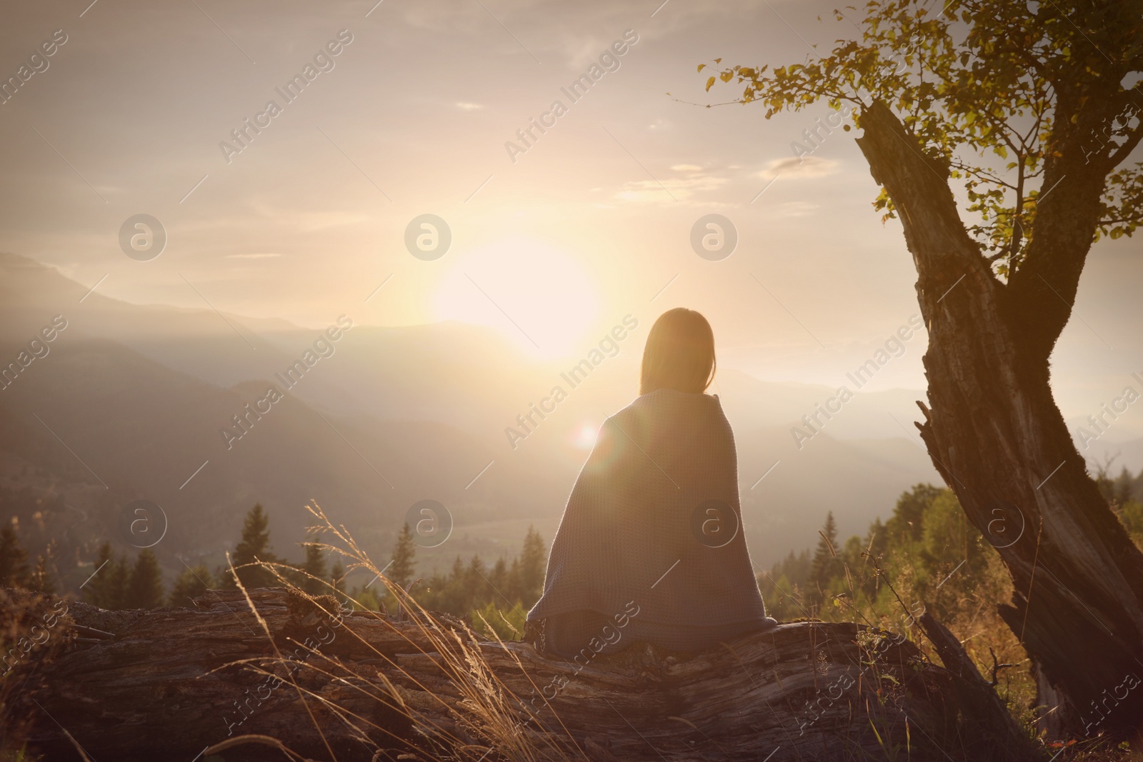 Photo of Woman with cozy plaid enjoying sunset in mountains, back view