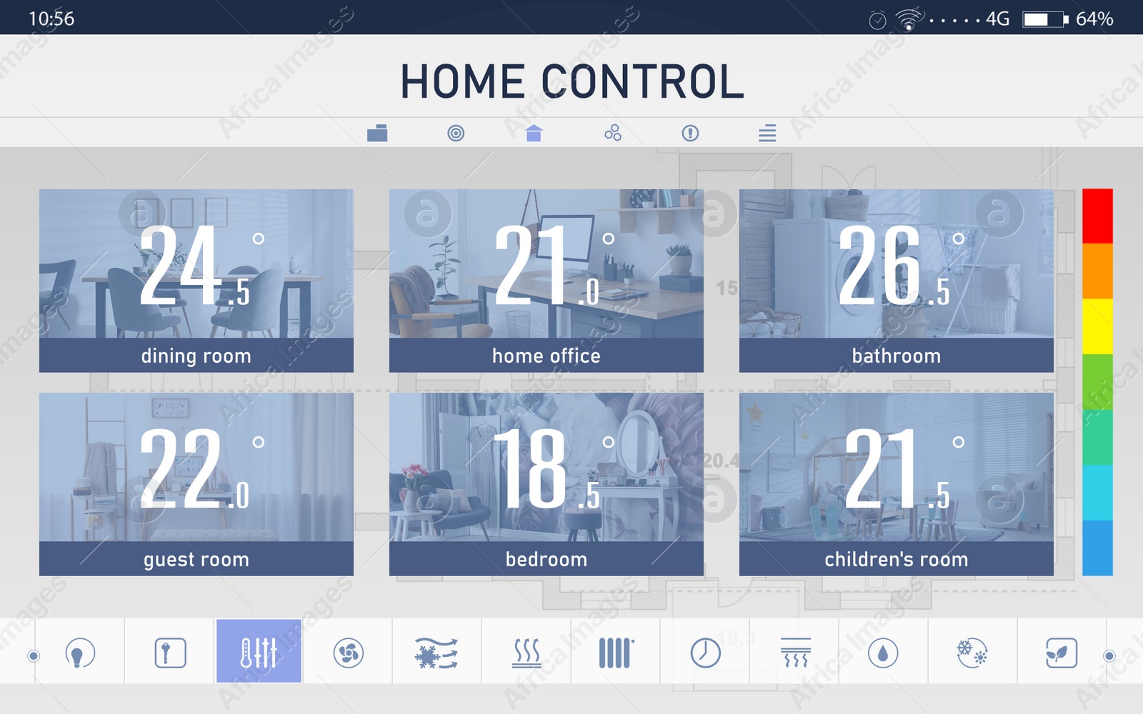 Energy efficiency home control system. Application displaying temperature in different rooms and other settings Illustration of Energy efficiency home control system. Application displaying temperature in different rooms and other settings