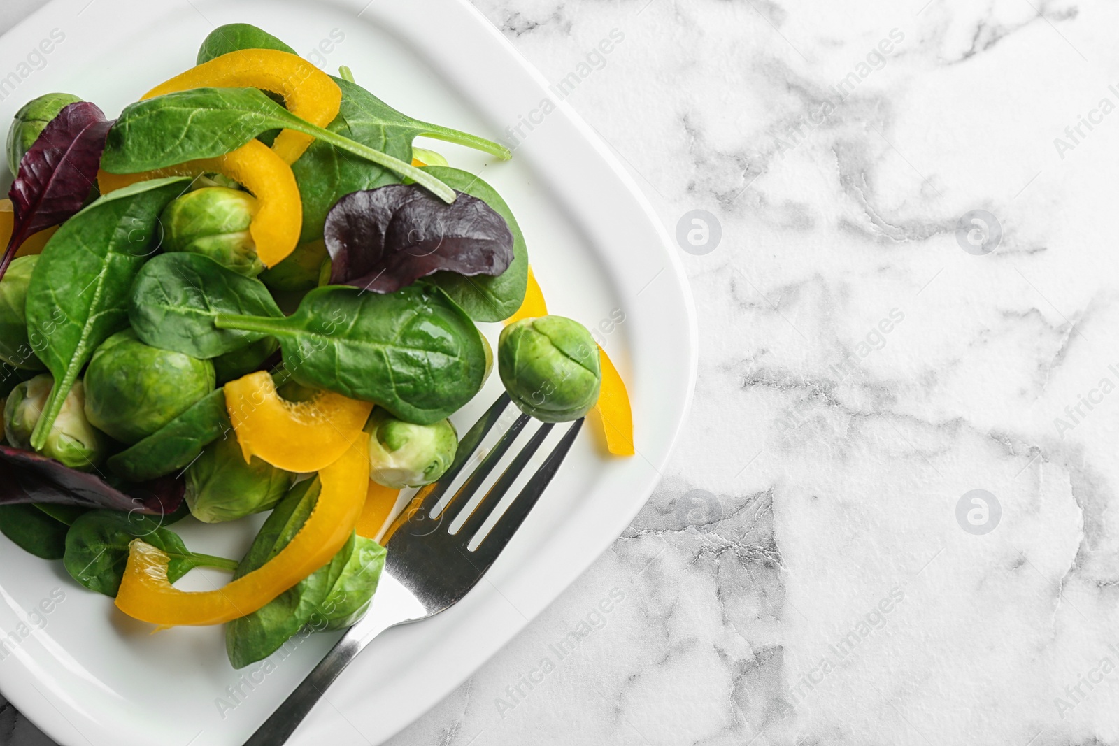 Photo of Tasty salad with Brussels sprouts on white marble table, top view. Space for text