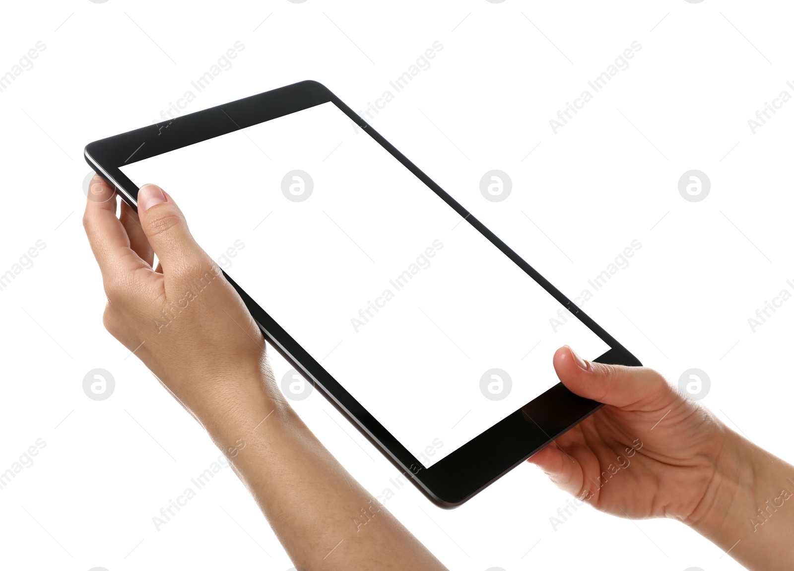 Photo of Woman holding tablet computer with blank screen on white background, closeup. Modern gadget