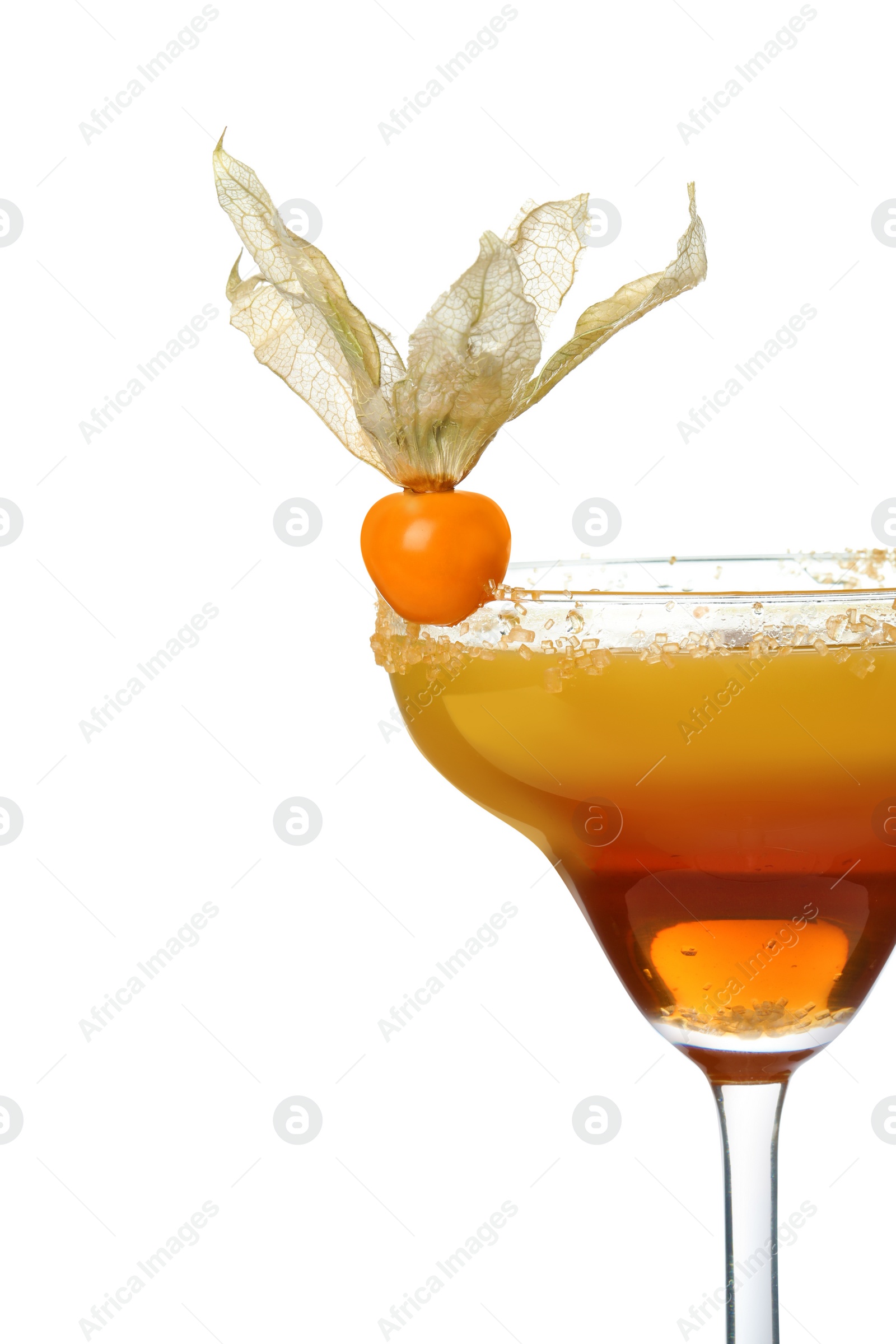 Photo of Refreshing cocktail decorated with physalis fruit on white background