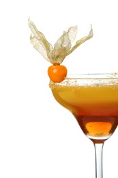 Refreshing cocktail decorated with physalis fruit on white background