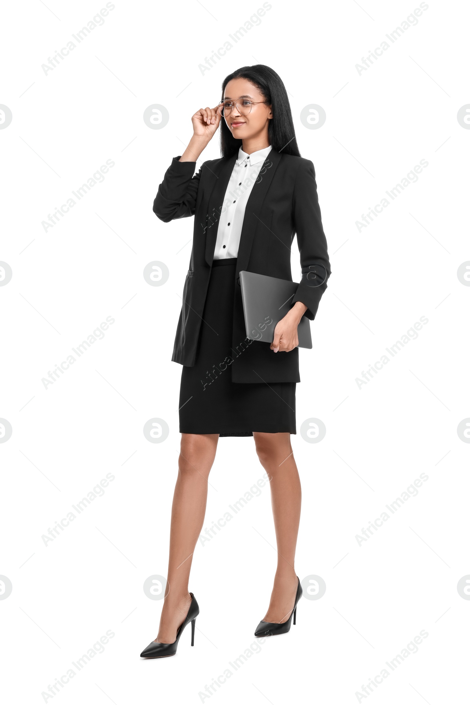 Photo of Beautiful secretary with laptop on white background