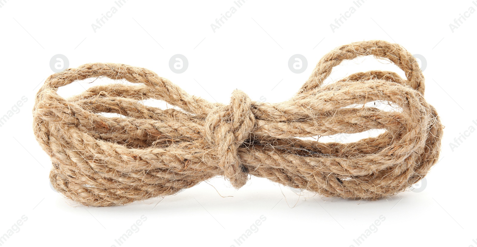 Photo of Bundle of hemp rope on white background