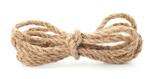 Photo of Bundle of hemp rope on white background