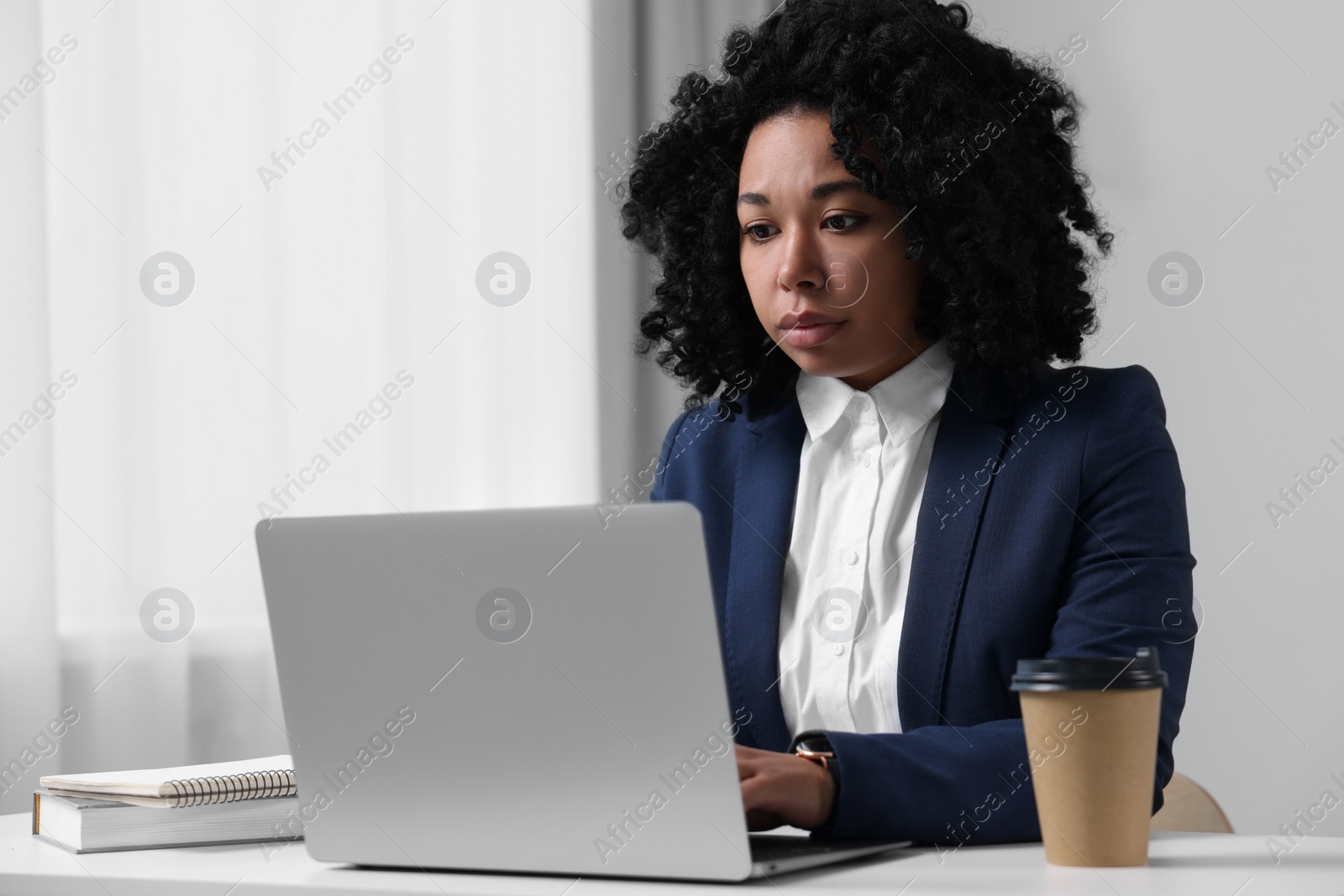 Photo of Deadline concept. Businesswoman working with laptop in office. Space for text