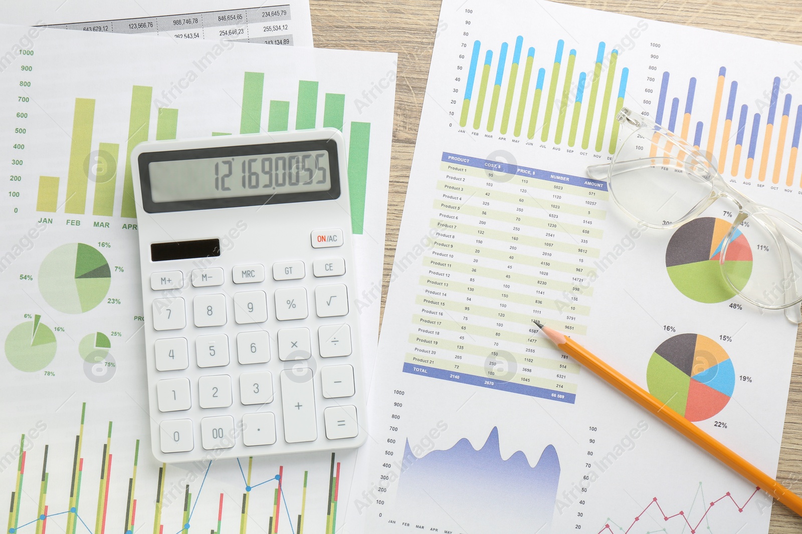 Photo of Accounting documents, calculator, pencil and glasses on wooden table, flat lay