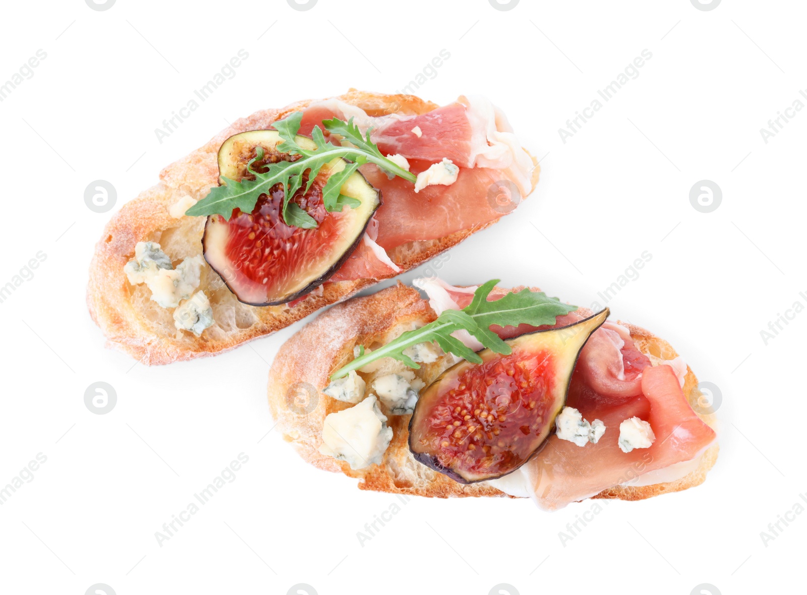 Photo of Sandwiches with ripe figs and prosciutto on white background, top view