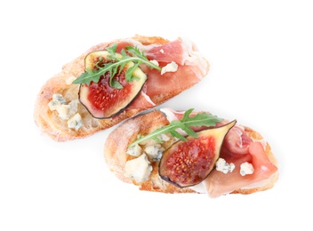 Photo of Sandwiches with ripe figs and prosciutto on white background, top view