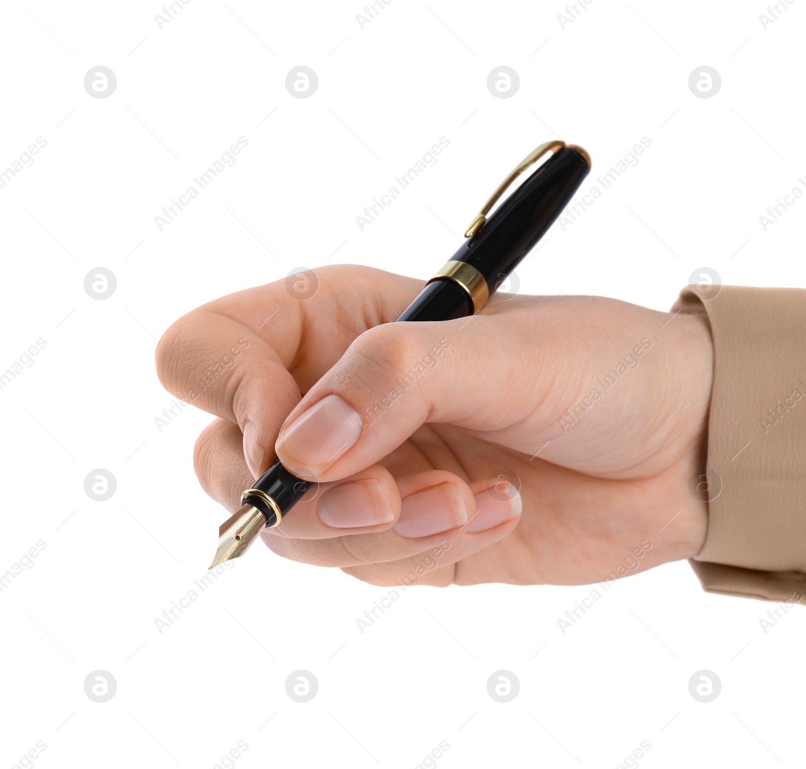 Photo of Woman holding stylish fountain pen on white background, closeup