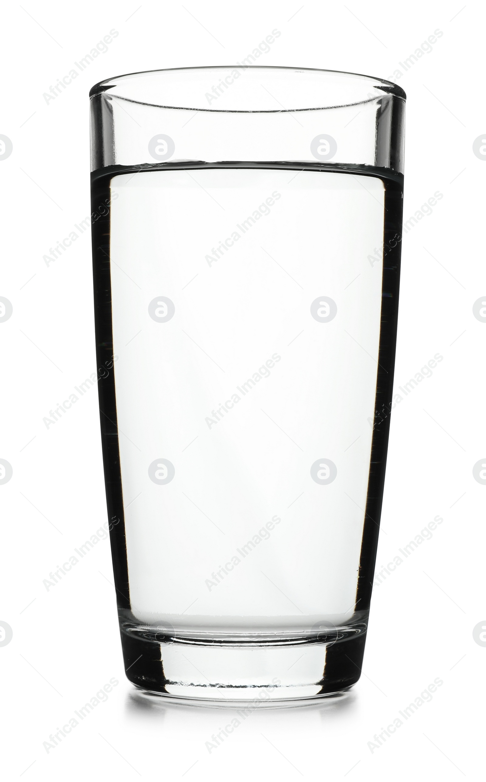 Photo of Glass of cold clear water on white background. Refreshing drink