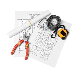 Photo of Wiring diagrams, wires, pliers and tape measure isolated on white, top view
