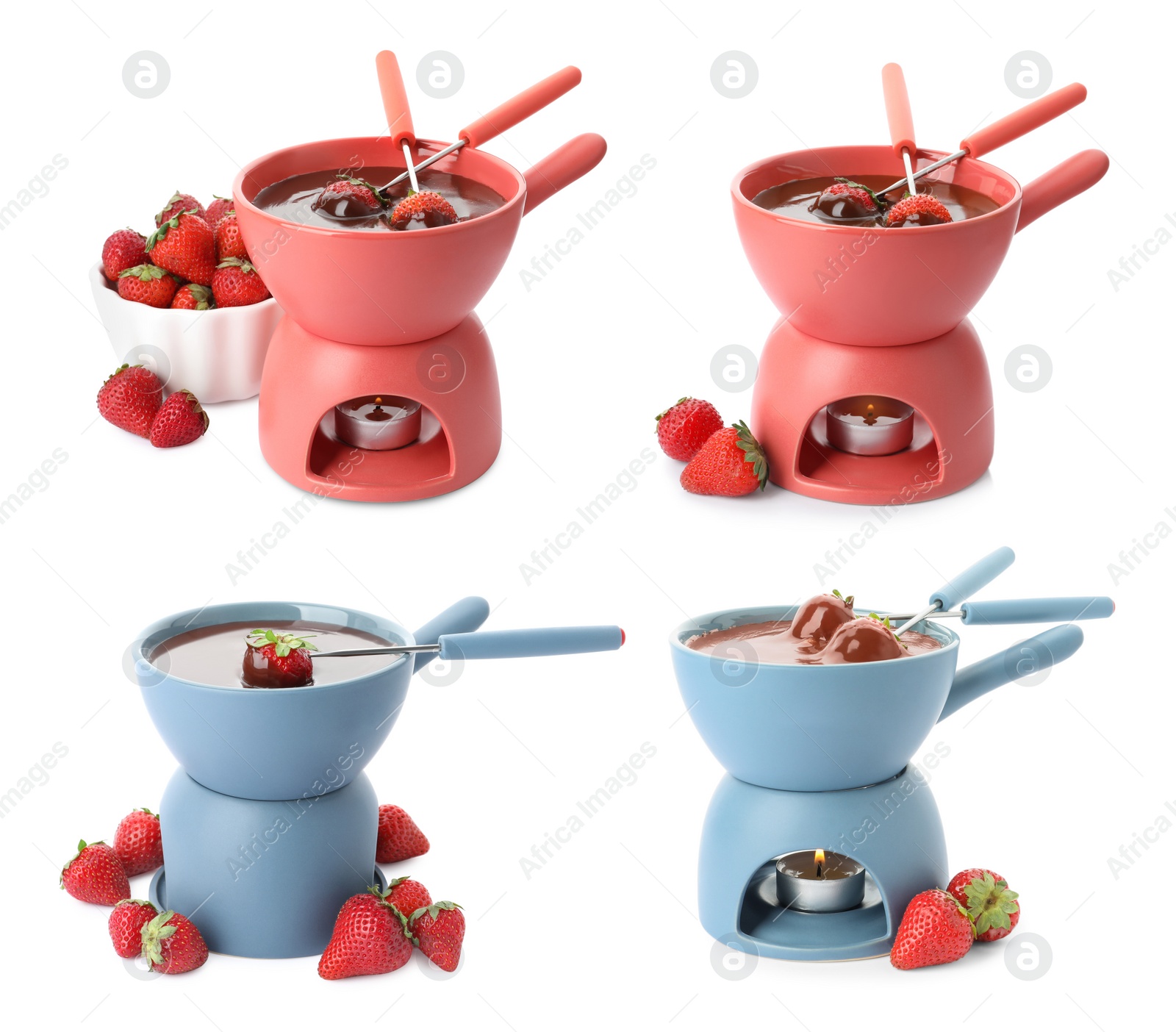 Image of Set with fondue pots with chocolate and strawberries on white background