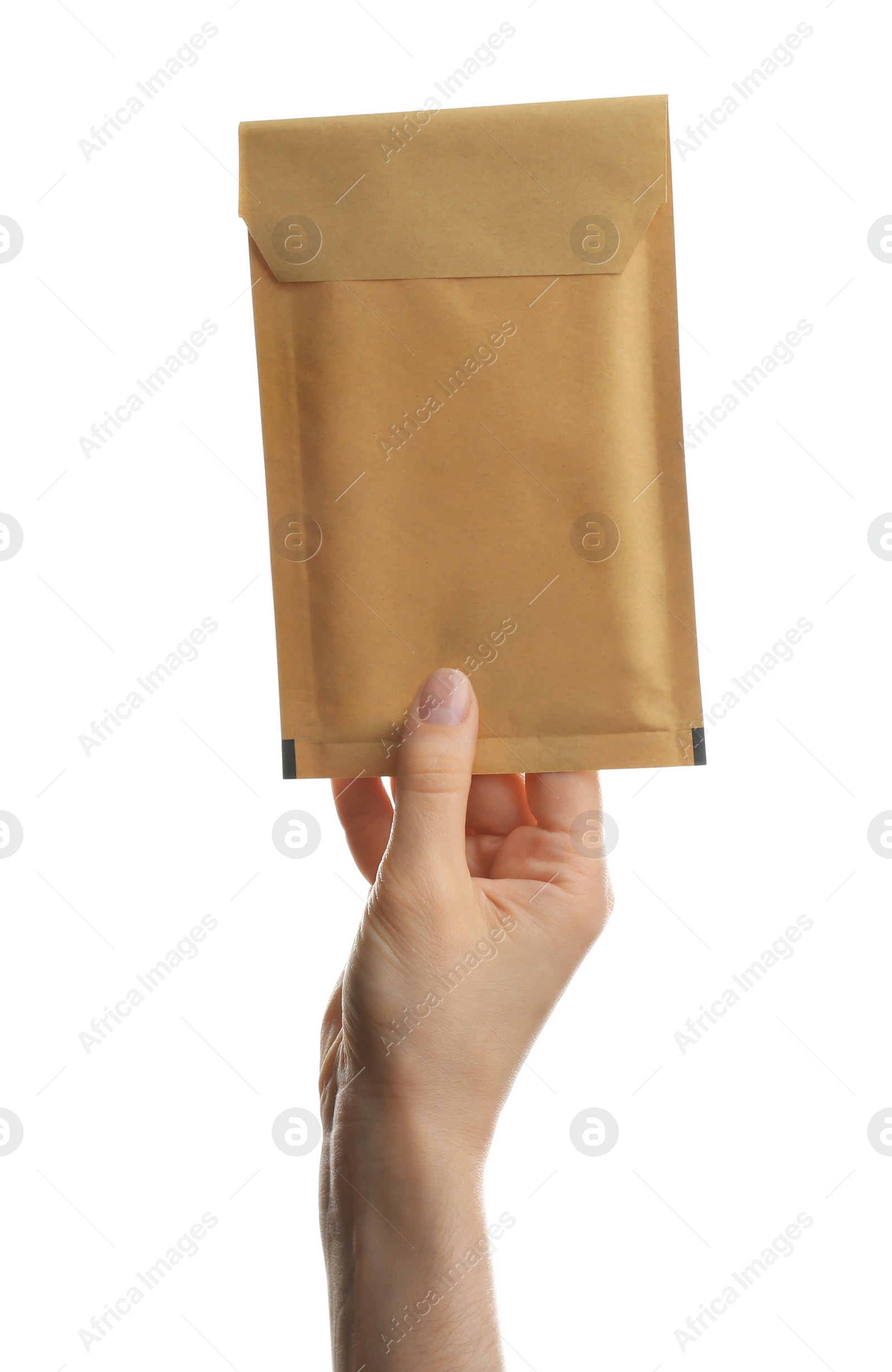 Photo of Woman holding kraft paper envelope on white background, closeup