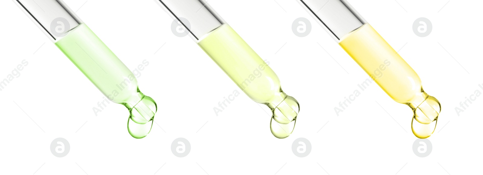 Image of Pipettes with different essential oils on white background, collage. Banner design