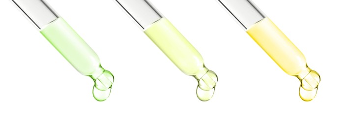 Image of Pipettes with different essential oils on white background, collage. Banner design