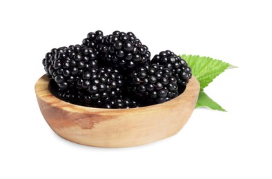 Photo of Bowl of ripe blackberries and green leaves isolated on white